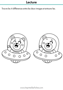 Fiche exercice de maternelle montrant deux dessins avec 4 différences à identifier et entourer.