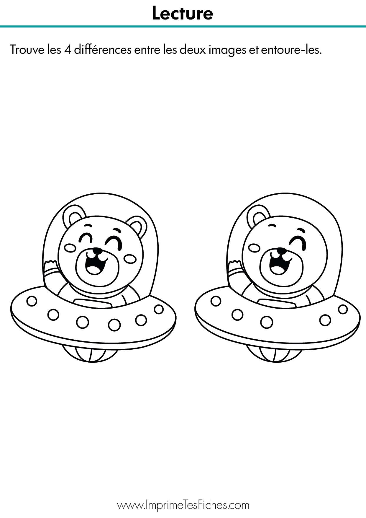 Fiche exercice de maternelle montrant deux dessins avec 4 différences à identifier et entourer.