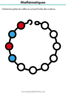 Fiche d'exercice montrant un collier avec des perles à colorier selon un modèle alterné rouge et bleu.