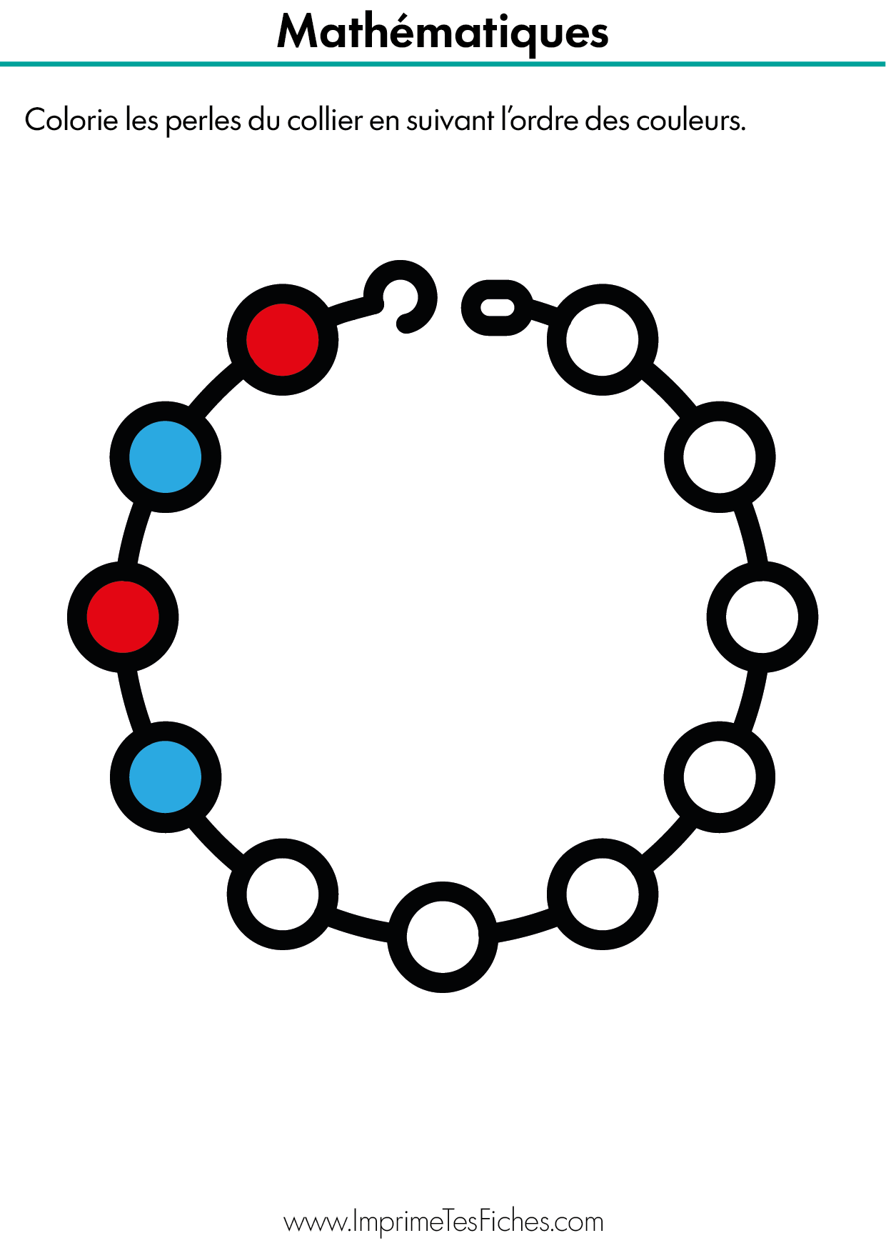 Fiche d'exercice montrant un collier avec des perles à colorier selon un modèle alterné rouge et bleu.