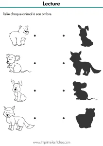 Fiche pédagogique de maternelle montrant des animaux colorés à relier à leurs silhouettes noires.