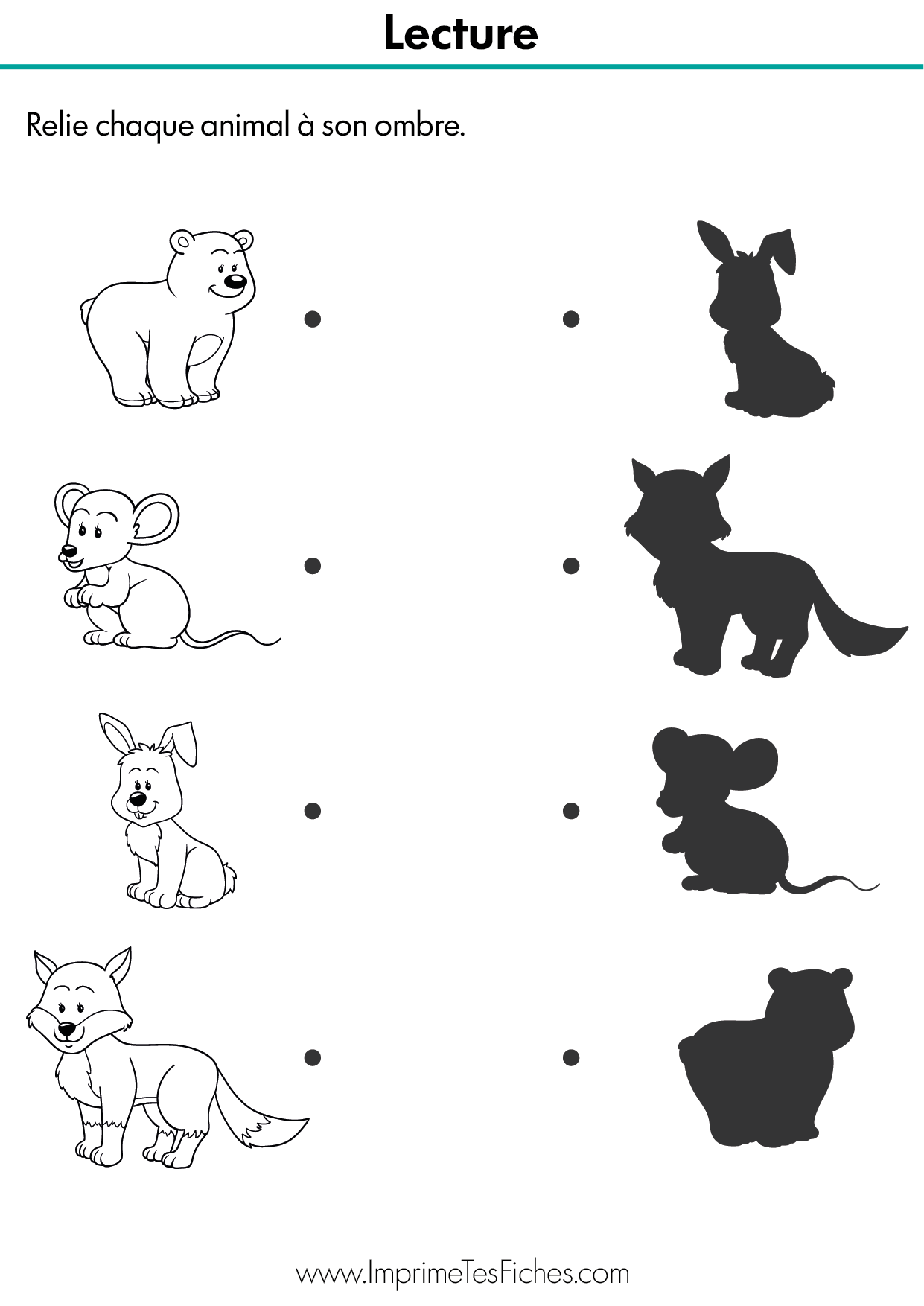 Fiche pédagogique de maternelle montrant des animaux colorés à relier à leurs silhouettes noires.
