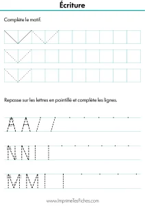 Fiche d'écriture Moyenne Section : lignes de lettres A, M, N en pointillés puis cases vides entre deux lignes.