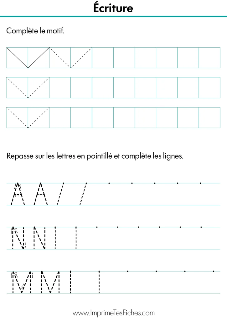 Fiche d'écriture Moyenne Section : lignes de lettres A, M, N en pointillés puis cases vides entre deux lignes.