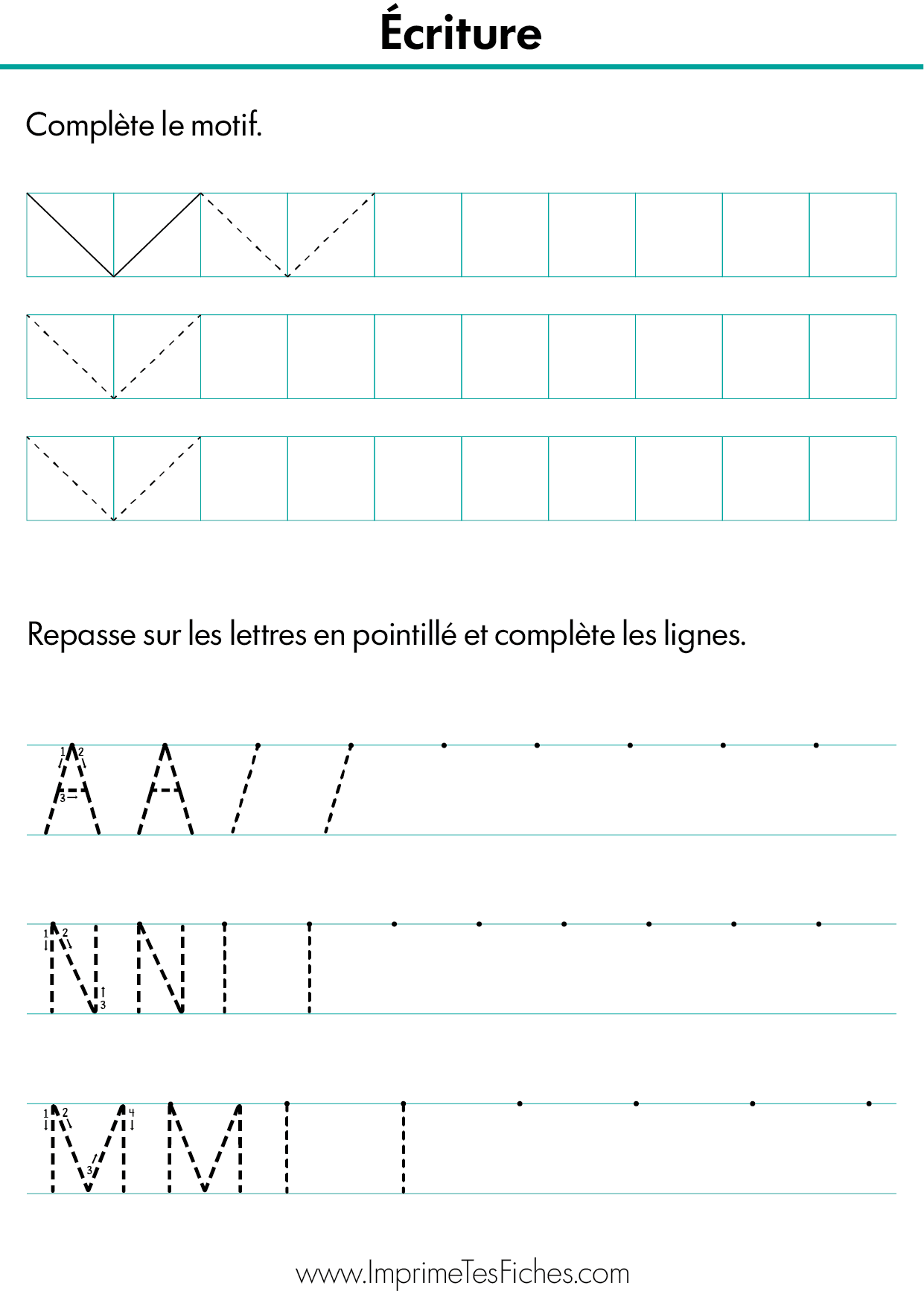 Fiche d'écriture Moyenne Section : lignes de lettres A, M, N en pointillés puis cases vides entre deux lignes.