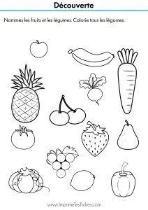 Fiche exercice maternelle pour nommer et colorier les légumes parmi une sélection de fruits.
