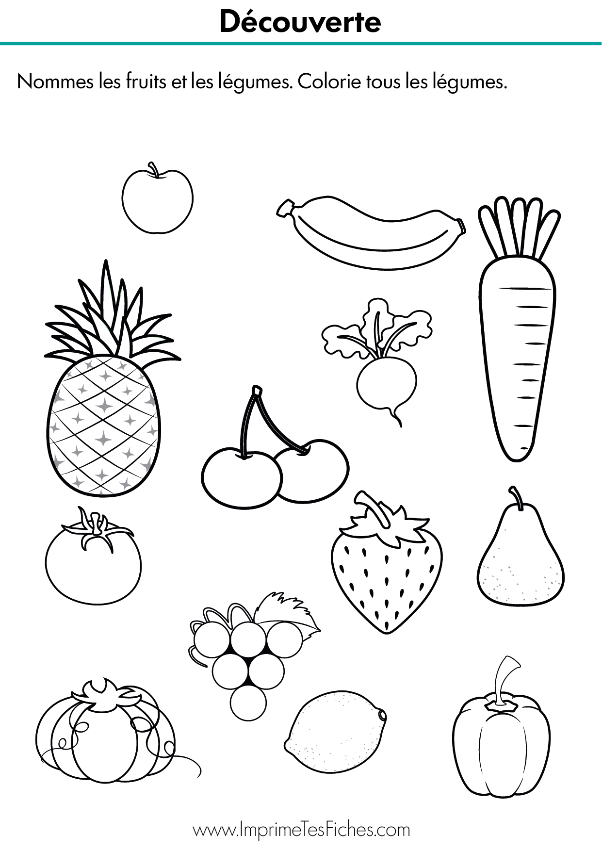 Fiche exercice maternelle pour nommer et colorier les légumes parmi une sélection de fruits.