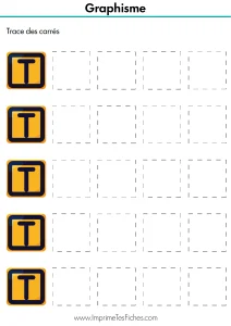 Fiche de graphisme pour enfant de maternelle montrant des carrés en pointillés à repasser au feutre.