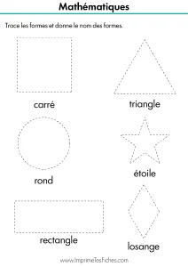 Fiche d'exercice de graphisme avec un cercle, carré, rectangle, cœur, losange et triangle en tirets à repasser.