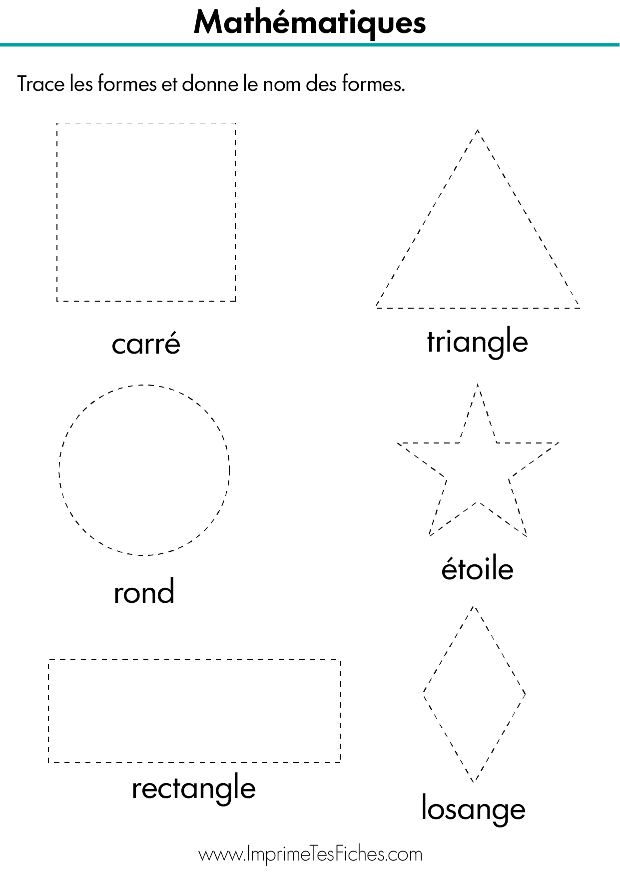 Fiche d'exercice de graphisme avec un cercle, carré, rectangle, cœur, losange et triangle en tirets à repasser.