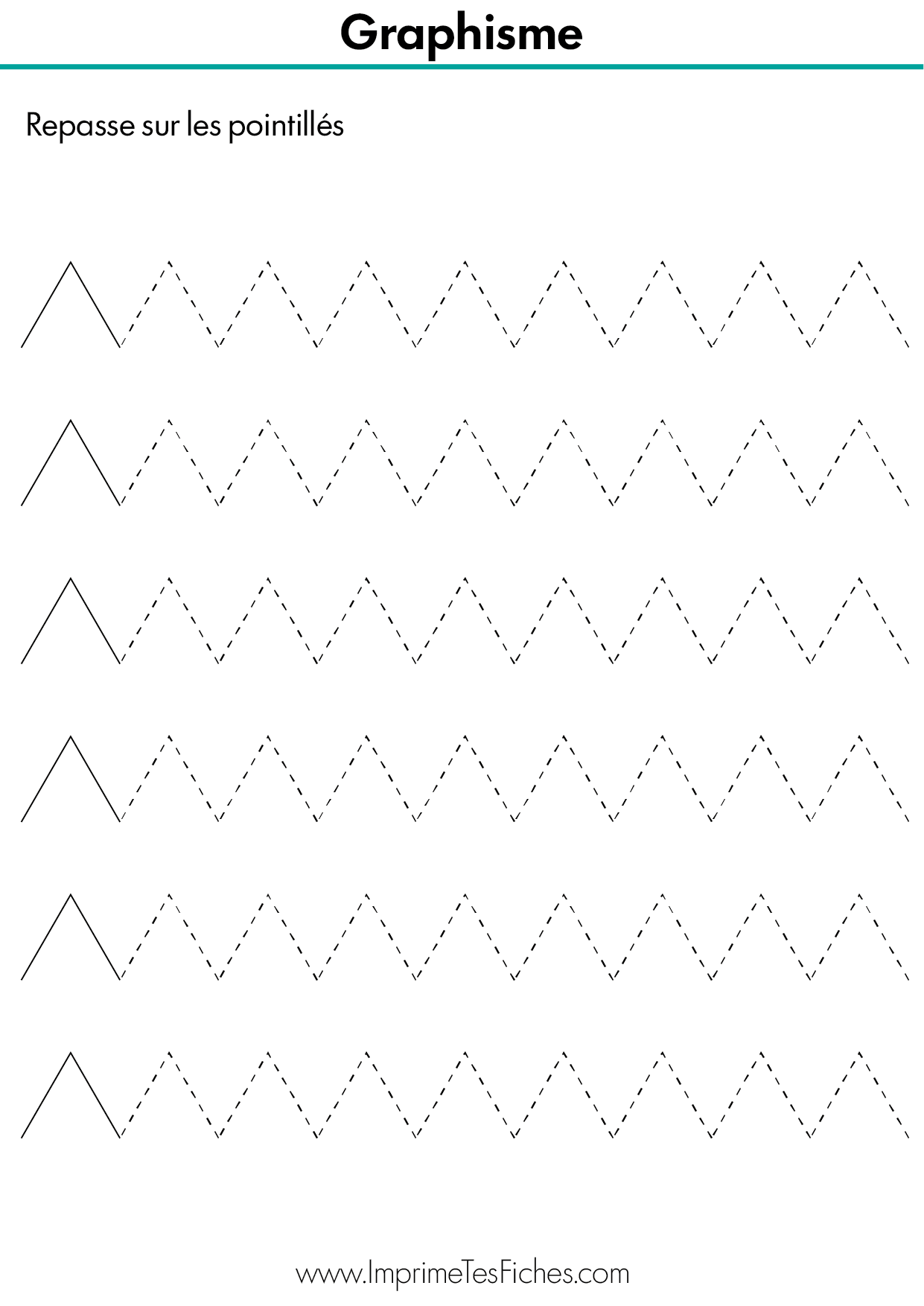 Fiche d'activité de graphisme montrant des lignes brisées et des dents de scie à tracer en pointillé.