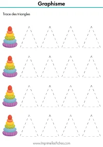 Fiche d'activité de graphisme montrant un enfant traçant des triangles en suivant des pointillés.