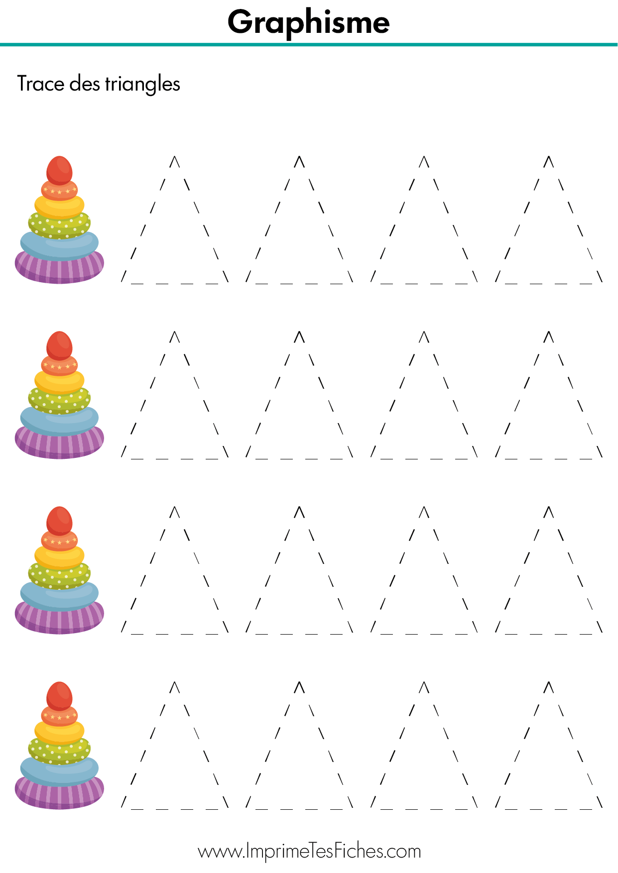 Fiche d'activité de graphisme montrant un enfant traçant des triangles en suivant des pointillés.