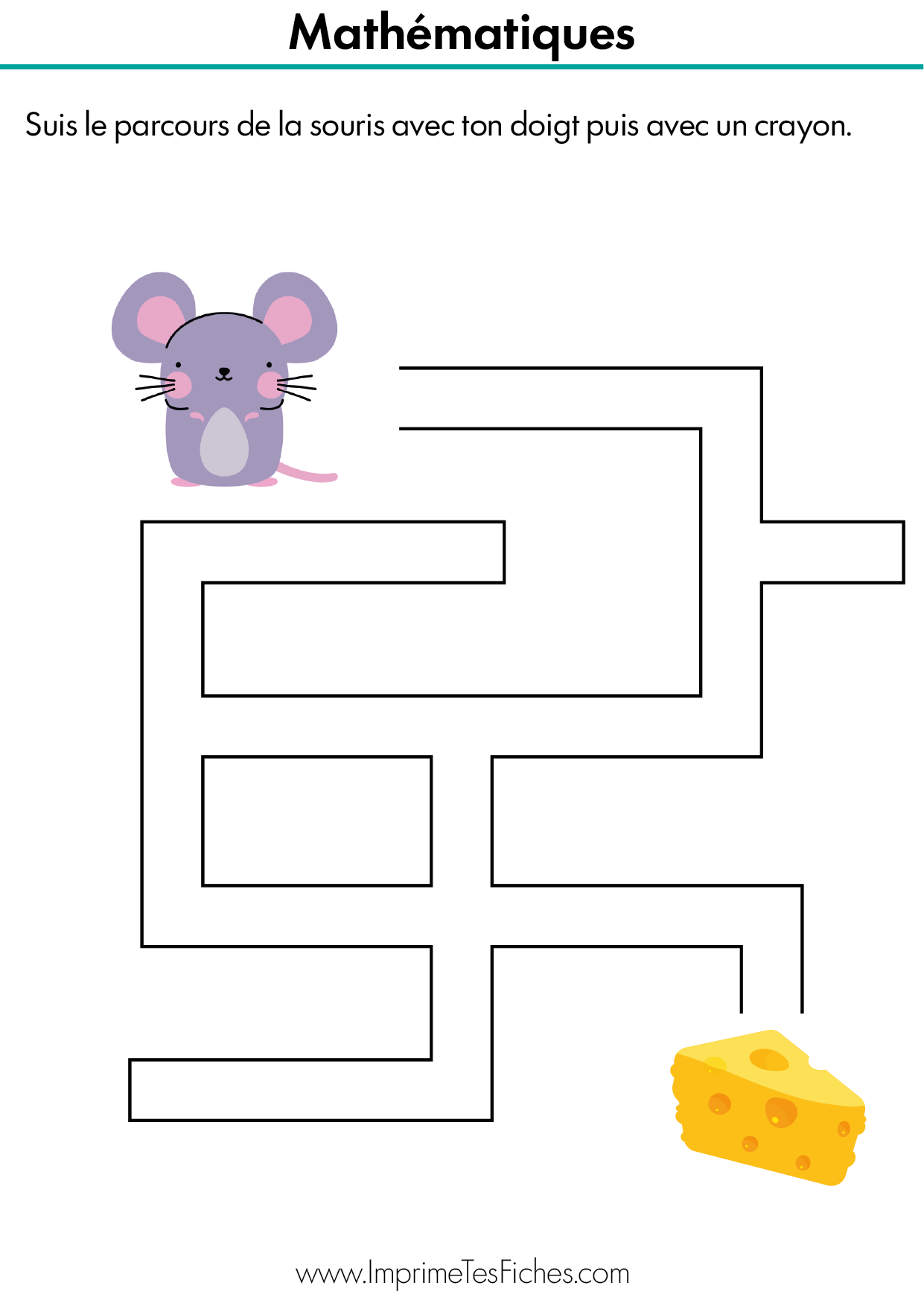 Fiche de labyrinthe simple pour maternelle avec une souris à l'entrée et un fromage à la sortie.