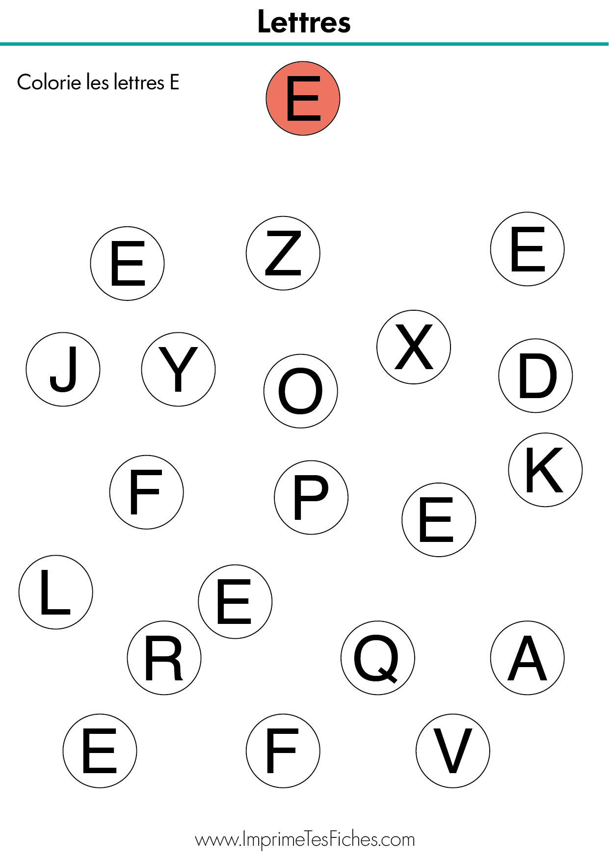 Fiche d'activité de maternelle pour identifier la lettre E capitale au milieu d'autres lettres de l'alphabet.