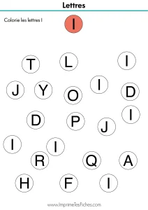 Fiche pédagogique pour identifier la lettre I capitale au milieu d'autres lettres comme le L ou le T.