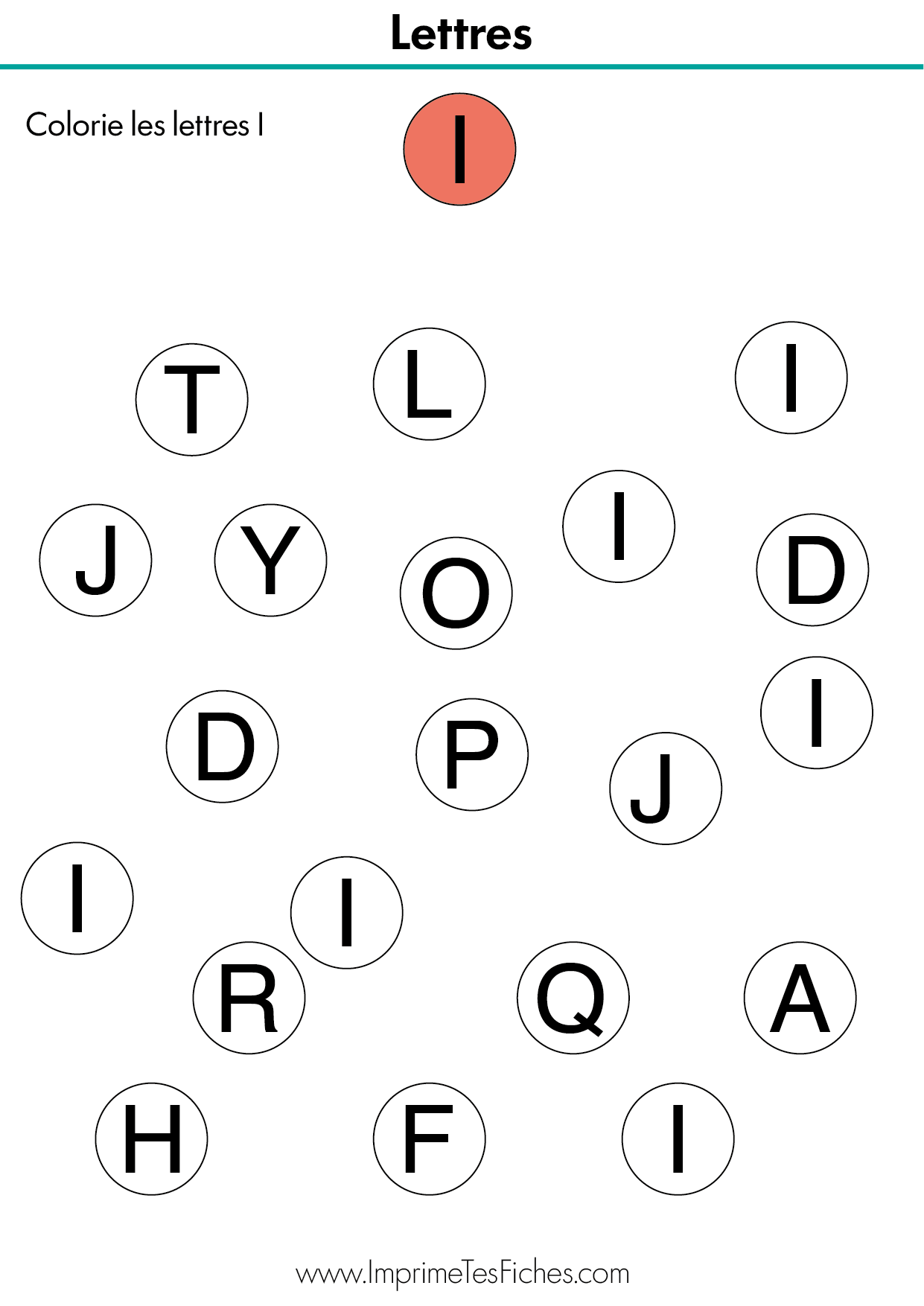 Fiche pédagogique pour identifier la lettre I capitale au milieu d'autres lettres comme le L ou le T.