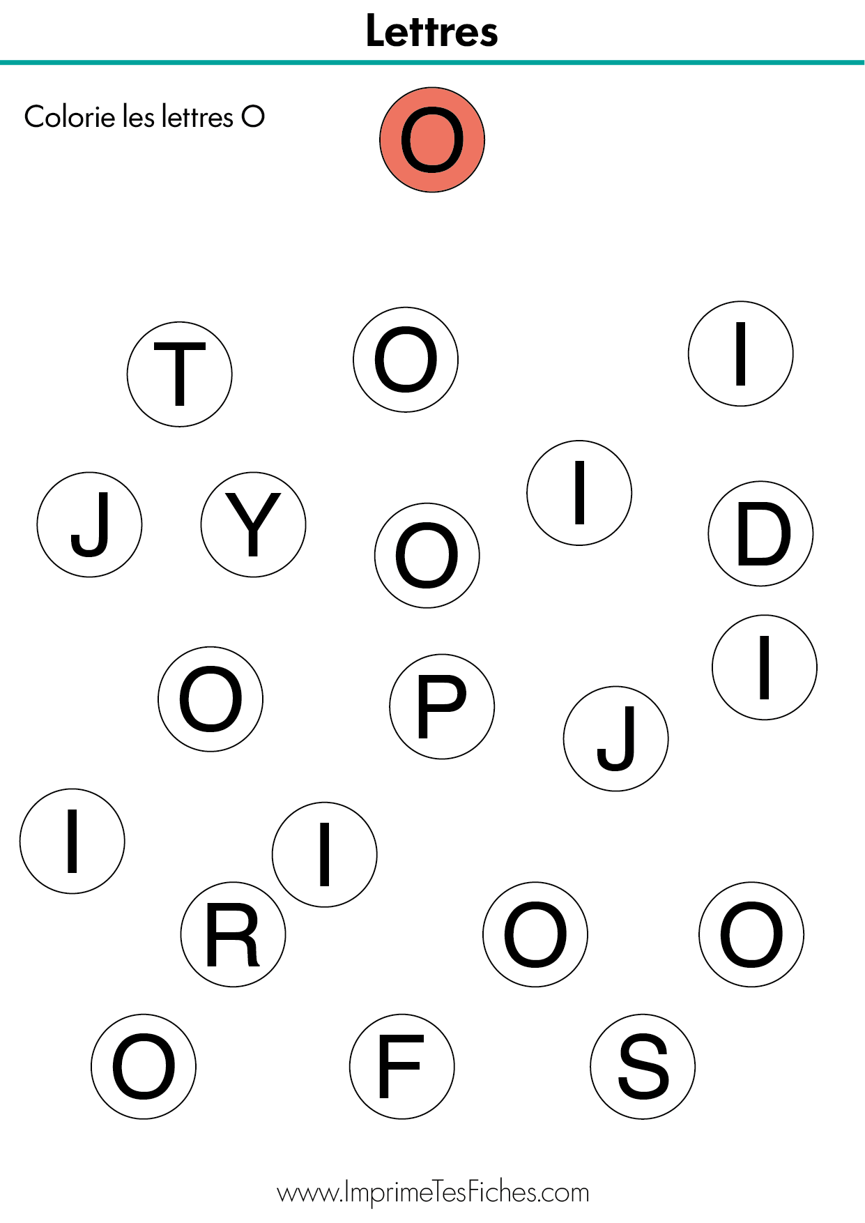 Fiche pédagogique de maternelle pour identifier et colorier la lettre O capitale parmi d'autres lettres.