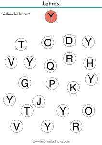 Fiche d'activité de maternelle pour identifier la lettre Y capitale parmi d'autres signes graphiques.