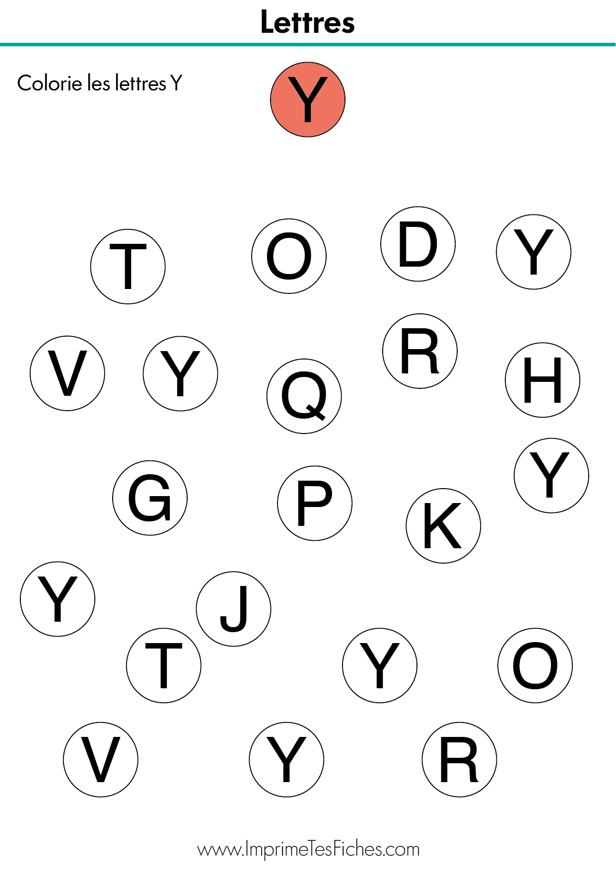 Fiche d'activité de maternelle pour identifier la lettre Y capitale parmi d'autres signes graphiques.