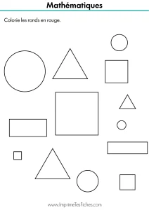 Fiche d'exercice de géométrie montrant des ronds, des carrés et des triangles, avec les ronds coloriés en rouge.