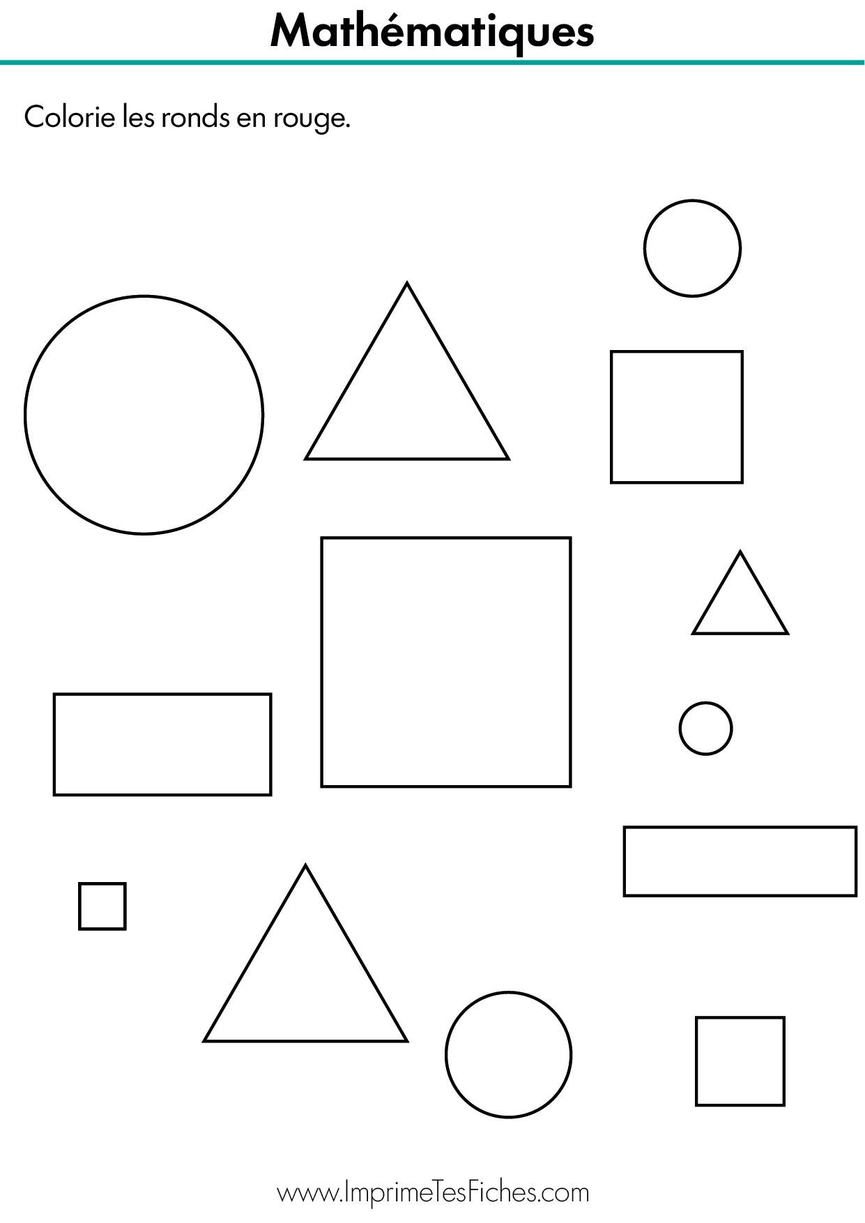 Fiche d'exercice de géométrie montrant des ronds, des carrés et des triangles, avec les ronds coloriés en rouge.