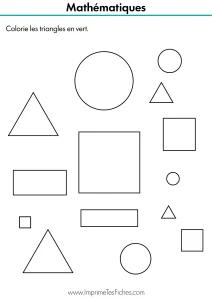 Fiche de géométrie pour maternelle présentant un mélange de formes avec des triangles coloriés en vert.
