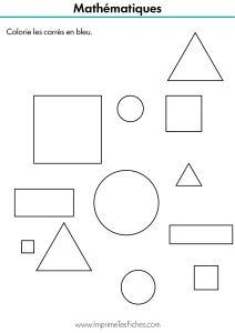 Fiche de géométrie pour enfant de maternelle montrant différentes formes : carrés, ronds et triangles.