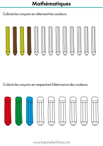 Fiche de maths MS : lignes de crayons à colorier en suivant un algorithme simple (alternance de deux ou trois couleurs).
