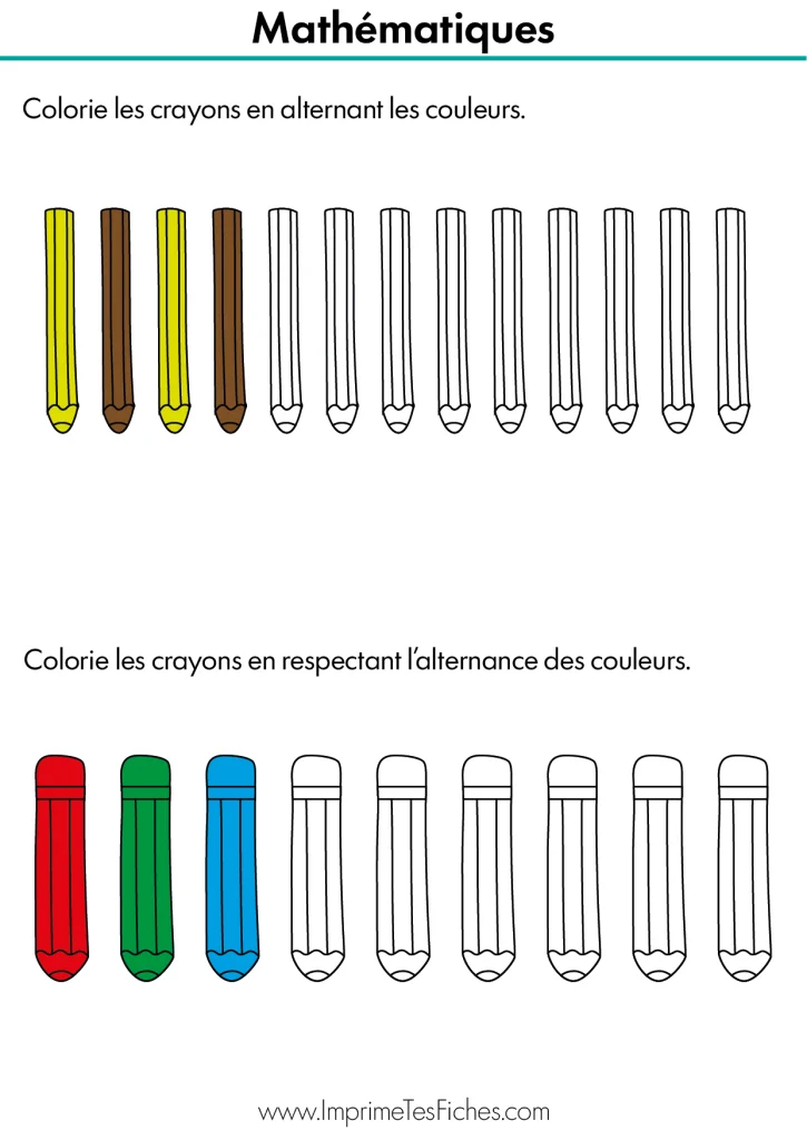 Fiche de maths MS : lignes de crayons à colorier en suivant un algorithme simple (alternance de deux ou trois couleurs).