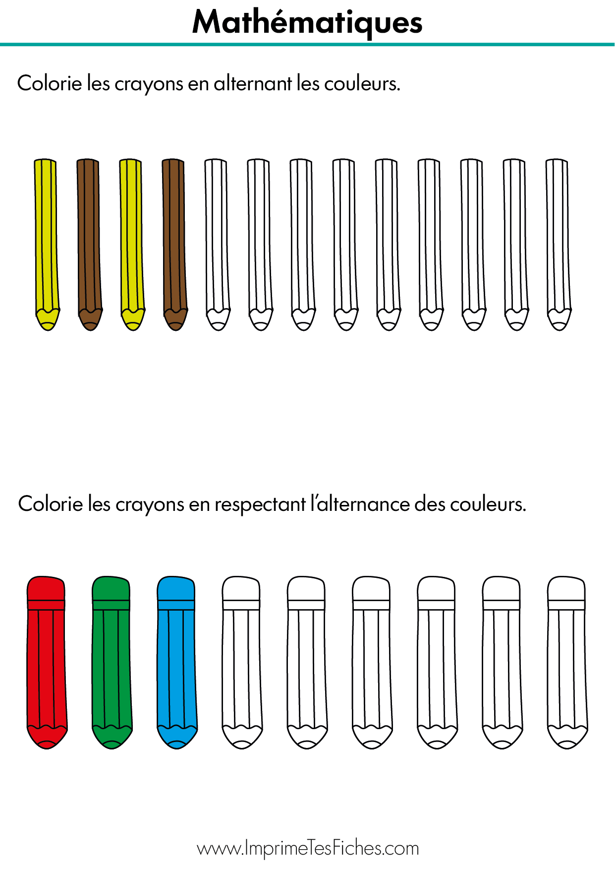Fiche de maths MS : lignes de crayons à colorier en suivant un algorithme simple (alternance de deux ou trois couleurs).