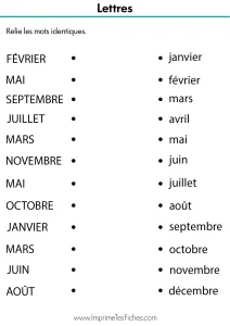 Fiche d'exercice MS : deux colonnes avec les noms des mois. À gauche en majuscules, à droite en minuscules scriptes.