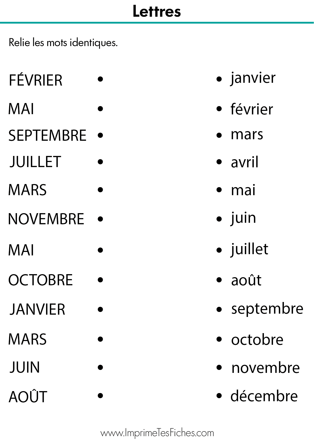 Fiche d'exercice MS : deux colonnes avec les noms des mois. À gauche en majuscules, à droite en minuscules scriptes.