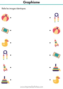 Fiche d'exercice MS : deux colonnes de jouets (robots, ballons, voitures) avec des détails différents à relier par paires.