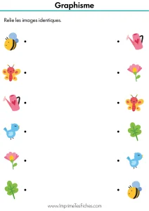 Fiche d'exercice MS : relier des fleurs, papillons et coccinelles identiques avec des variantes de motifs et de couleurs.