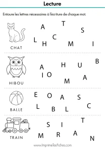 Fiche d'exercice MS : 4 mots modèles (chat, train, balle, hibou) avec un mélange de lettres à entourer pour chaque mot.