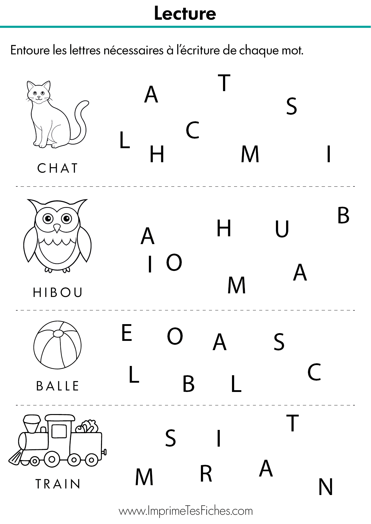 Fiche d'exercice MS : 4 mots modèles (chat, train, balle, hibou) avec un mélange de lettres à entourer pour chaque mot.