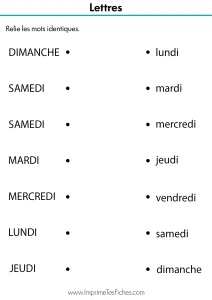 Fiche d'exercice de Moyenne Section avec deux colonnes : les 7 jours de la semaine en majuscules d'imprimerie et en minuscules scriptes.