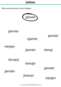 Fiche de lecture MS : un nuage de mots similaires (Janvier, Javnier, Janvire) où l'enfant doit entourer uniquement le mot correct.