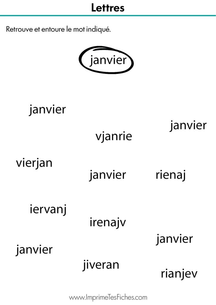 Fiche de lecture MS : un nuage de mots similaires (Janvier, Javnier, Janvire) où l'enfant doit entourer uniquement le mot correct.