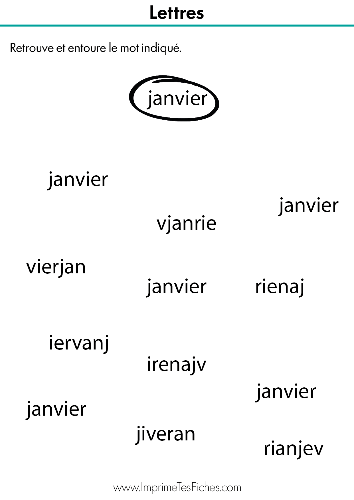 Fiche de lecture MS : un nuage de mots similaires (Janvier, Javnier, Janvire) où l'enfant doit entourer uniquement le mot correct.