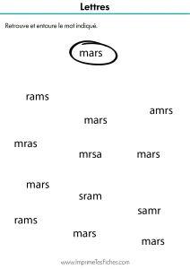 Fiche d'exercice MS : retrouver le mot MARS dans un nuage de mots comme MAS, MRAS, NARS ou MARD.