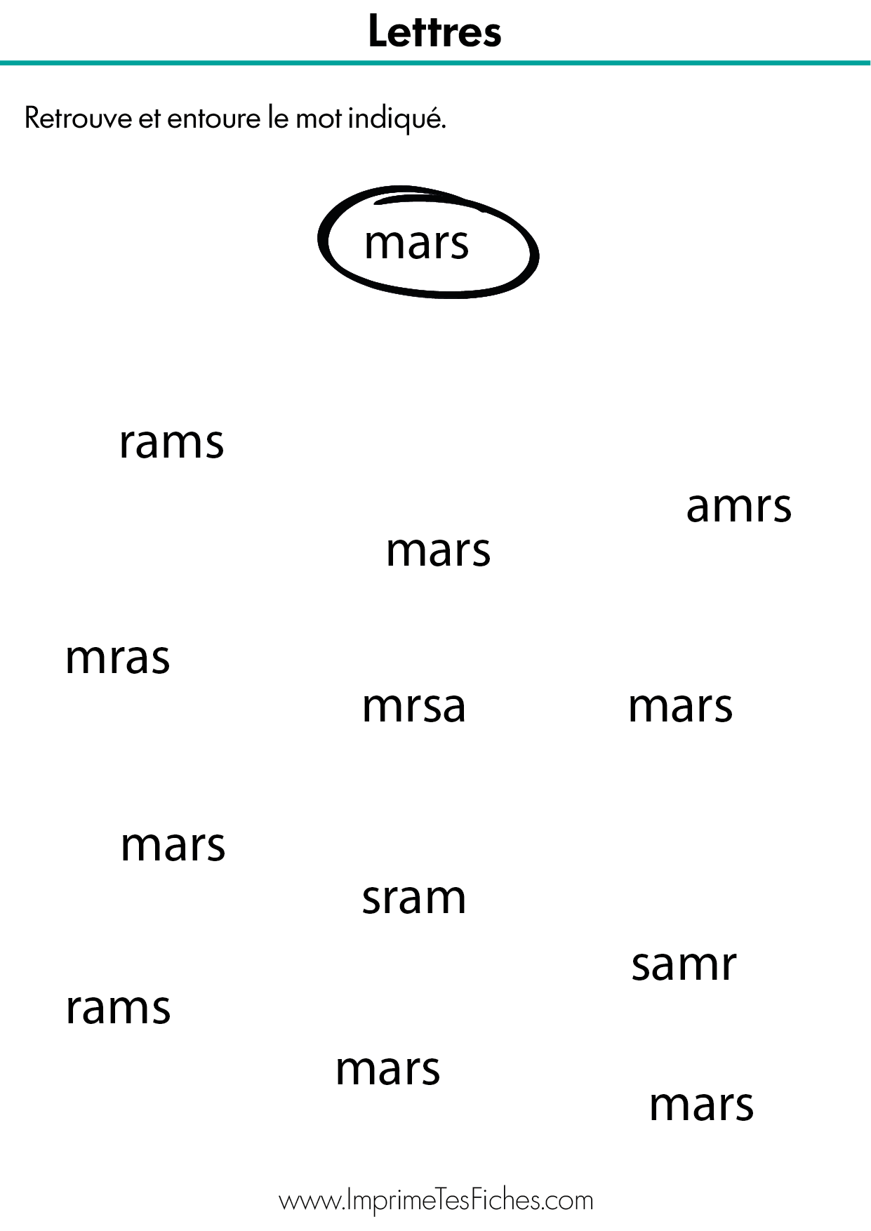 Fiche d'exercice MS : retrouver le mot MARS dans un nuage de mots comme MAS, MRAS, NARS ou MARD.