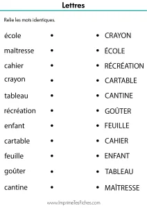 Fiche pédagogique MS : relier les mots école, crayon, livre, ciseaux et colle en majuscules à leurs correspondants en minuscules scriptes.