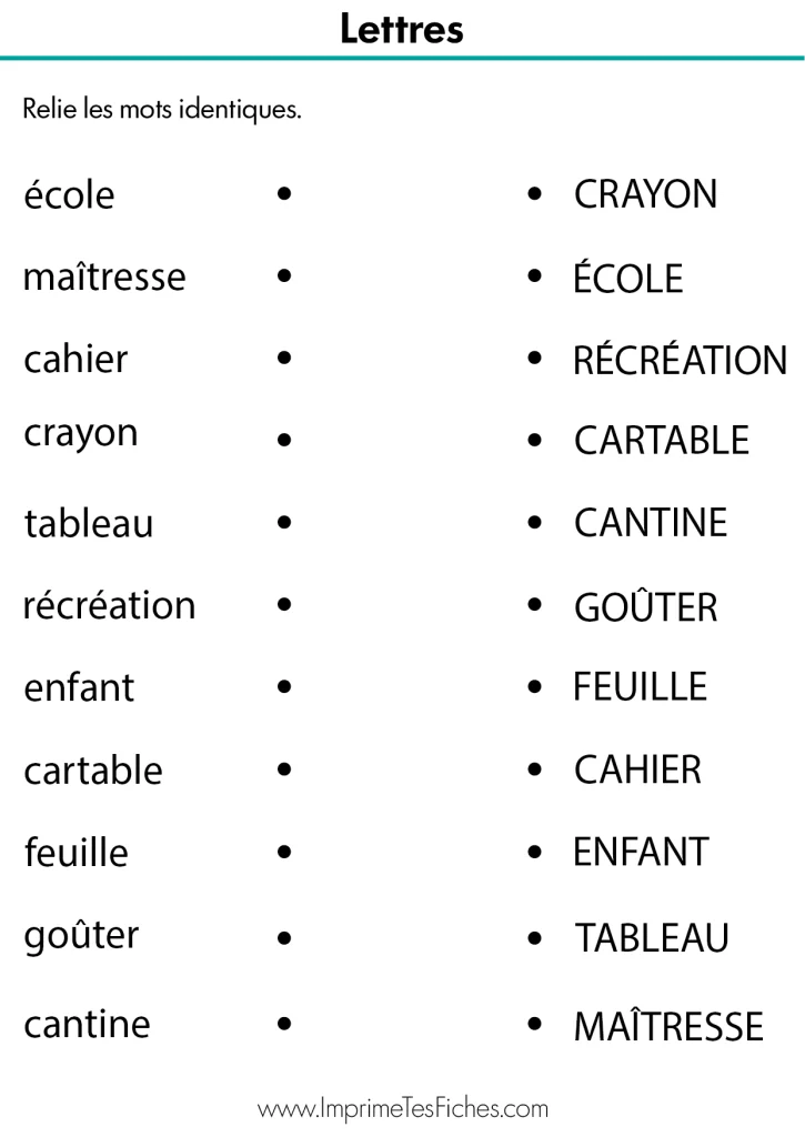 Fiche pédagogique MS : relier les mots école, crayon, livre, ciseaux et colle en majuscules à leurs correspondants en minuscules scriptes.