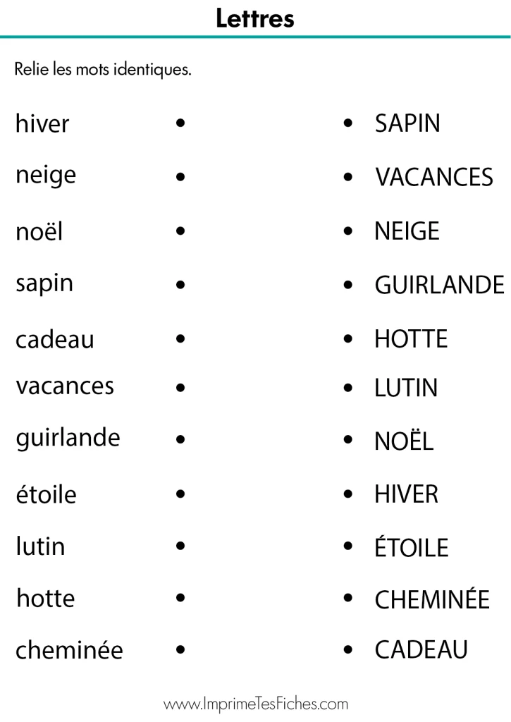 Fiche pédagogique MS : relier les mots sapin, renne, lutin, cadeau et hotte en majuscules à leurs correspondants en minuscules scriptes.