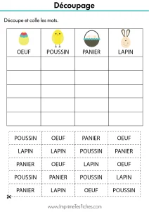 Fiche d'exercice MS : tableau de tri avec images d'œuf, poussin, panier, lapin et étiquettes mots à coller.