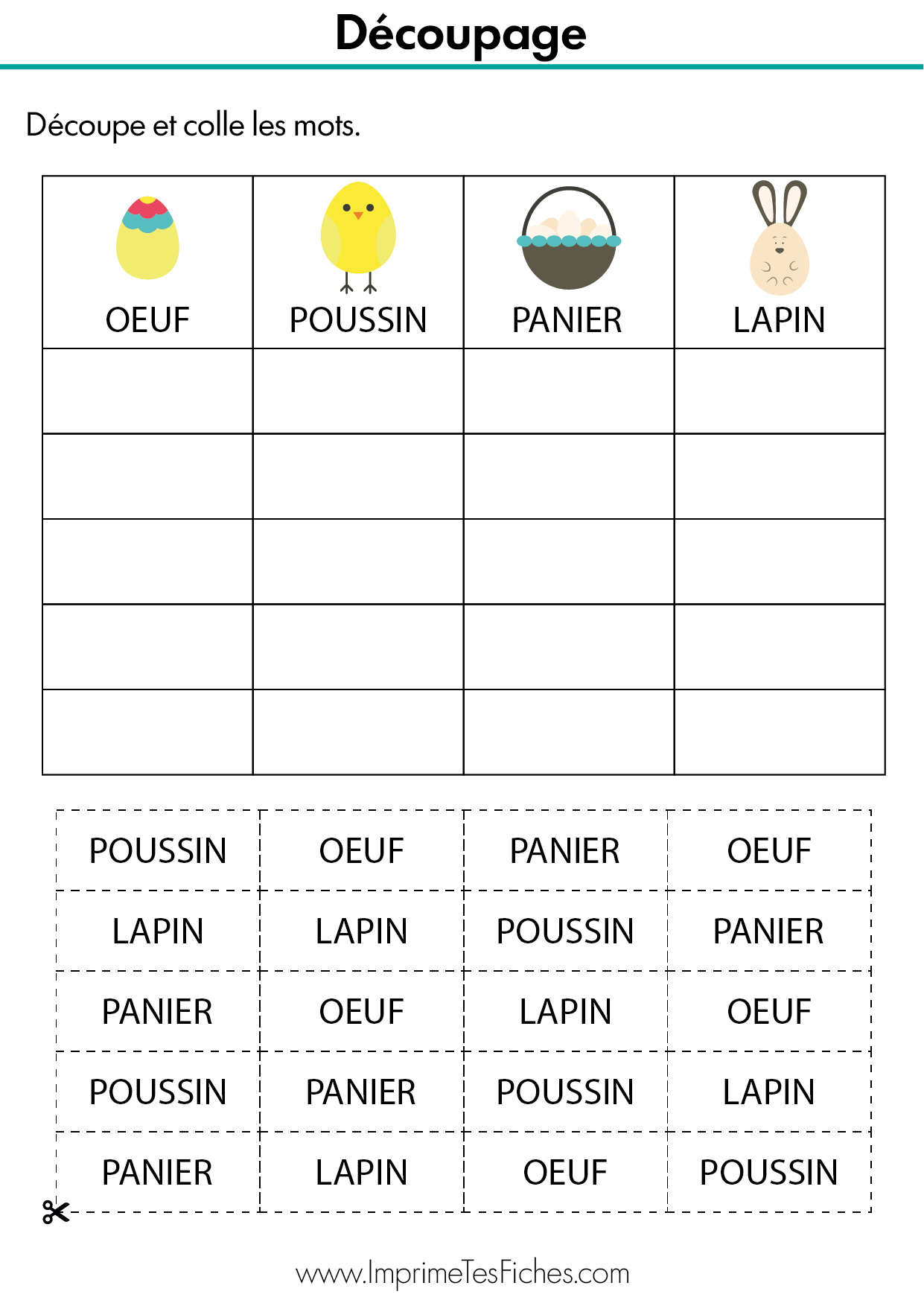 Fiche d'exercice MS : tableau de tri avec images d'œuf, poussin, panier, lapin et étiquettes mots à coller.