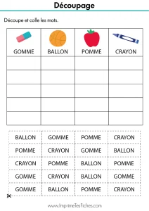 Fiche d'exercice MS avec un tableau et des étiquettes mots (gomme, ballon, pomme, crayon) à découper et coller.