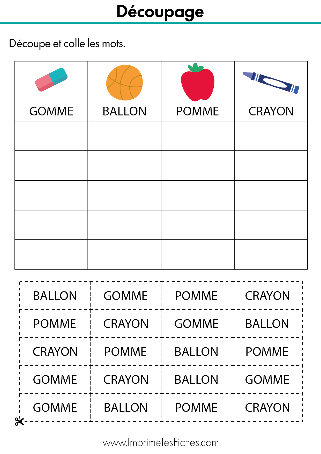 Fiche d'exercice MS avec un tableau et des étiquettes mots (gomme, ballon, pomme, crayon) à découper et coller.